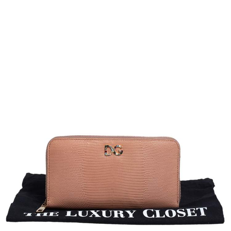 Pre Owned Dolce & Gabbana Beige Lizard Embossed Leather Zip Around Wallet
