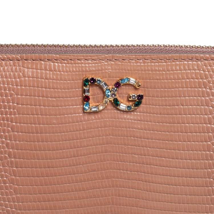 Pre Owned Dolce & Gabbana Beige Lizard Embossed Leather Zip Around Wallet