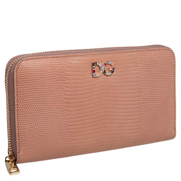 Pre Owned Dolce & Gabbana Beige Lizard Embossed Leather Zip Around Wallet