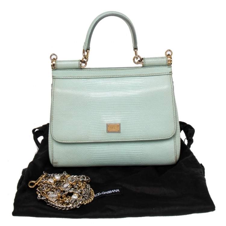 Pre Owned Dolce & Gabbana Green Lizard Embossed Leather Small Miss Sicily Top Handle Bag