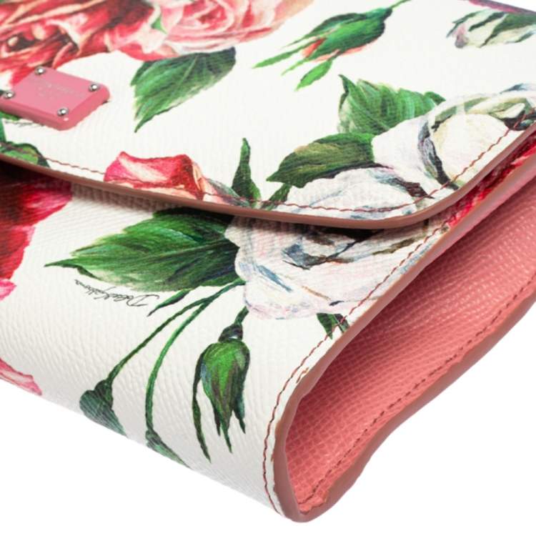 Pre Owned Dolce & Gabbana Pink Peony Print Leather Wallet On Chain