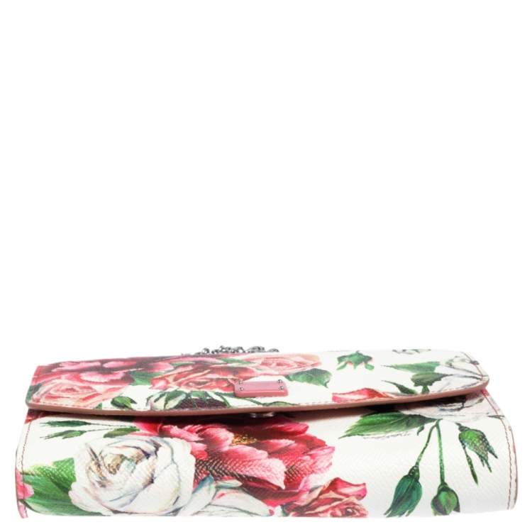 Pre Owned Dolce & Gabbana Pink Peony Print Leather Wallet On Chain