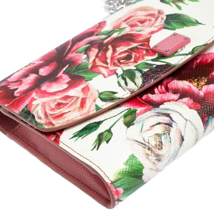 Pre Owned Dolce & Gabbana Pink Peony Print Leather Wallet On Chain