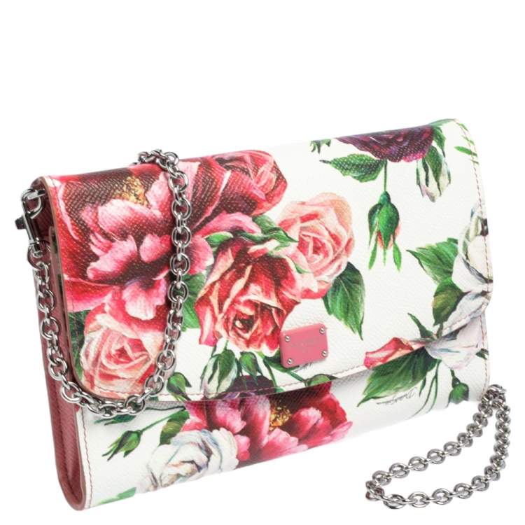 Pre Owned Dolce & Gabbana Pink Peony Print Leather Wallet On Chain