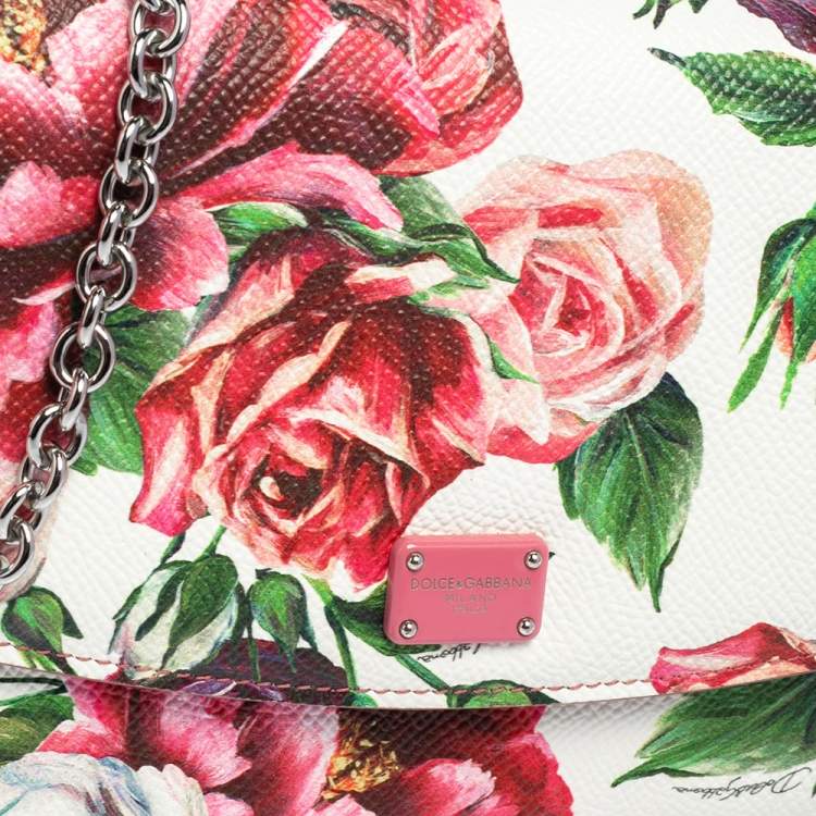 Pre Owned Dolce & Gabbana Pink Peony Print Leather Wallet On Chain