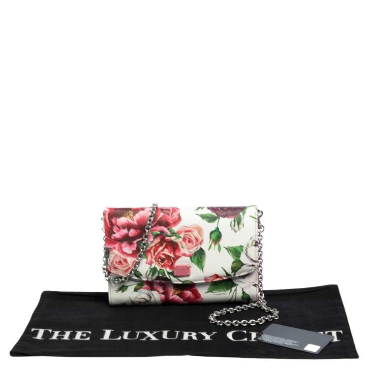 Pre Owned Dolce & Gabbana Pink Peony Print Leather Wallet On Chain