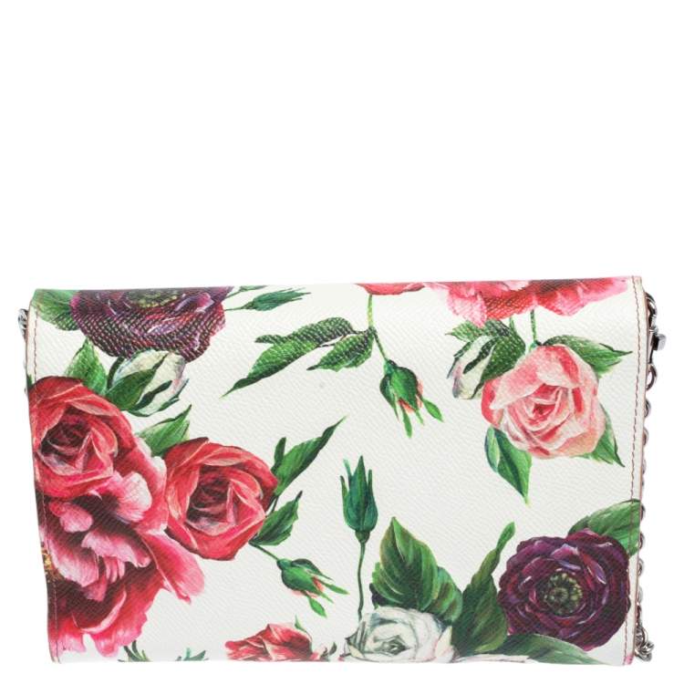 Pre Owned Dolce & Gabbana Pink Peony Print Leather Wallet On Chain