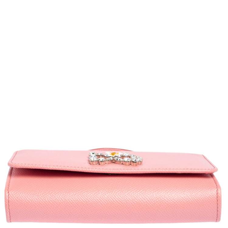 Pre Owned Dolce & Gabbana Pink Leather Miss Sicily Von Crystal Embellished Wallet On Chain