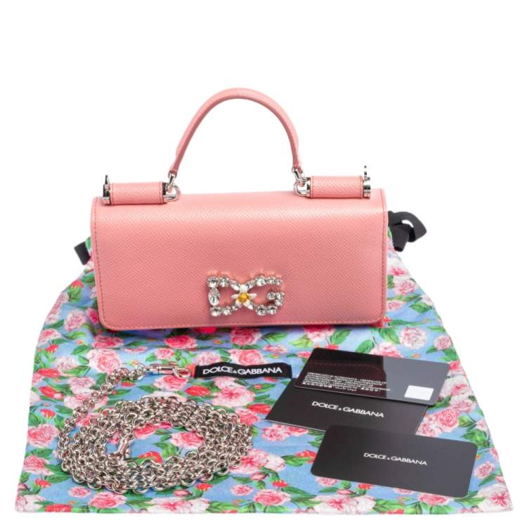 Pre Owned Dolce & Gabbana Pink Leather Miss Sicily Von Crystal Embellished Wallet On Chain