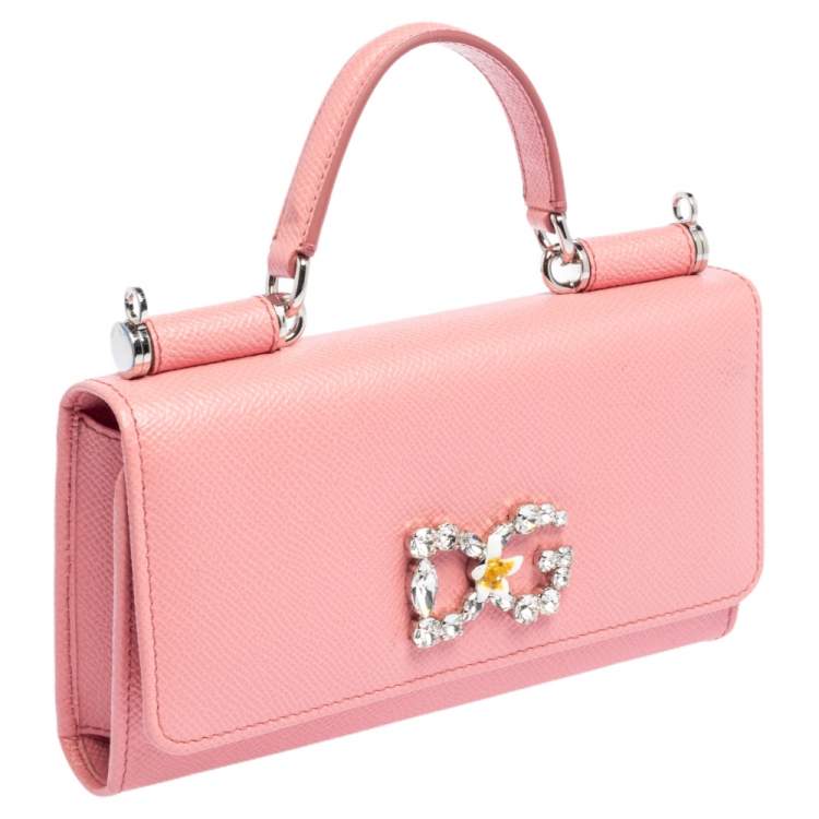 Pre Owned Dolce & Gabbana Pink Leather Miss Sicily Von Crystal Embellished Wallet On Chain