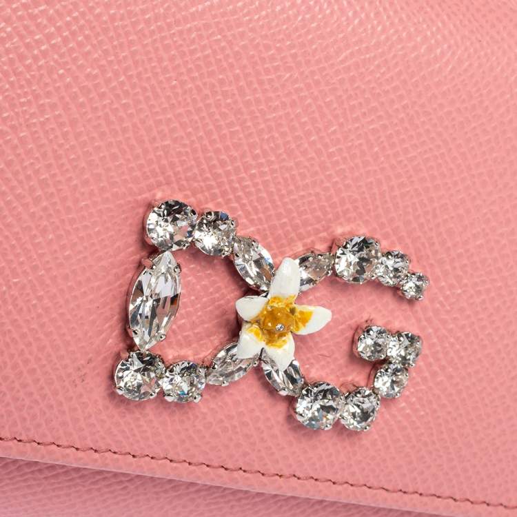 Pre Owned Dolce & Gabbana Pink Leather Miss Sicily Von Crystal Embellished Wallet On Chain