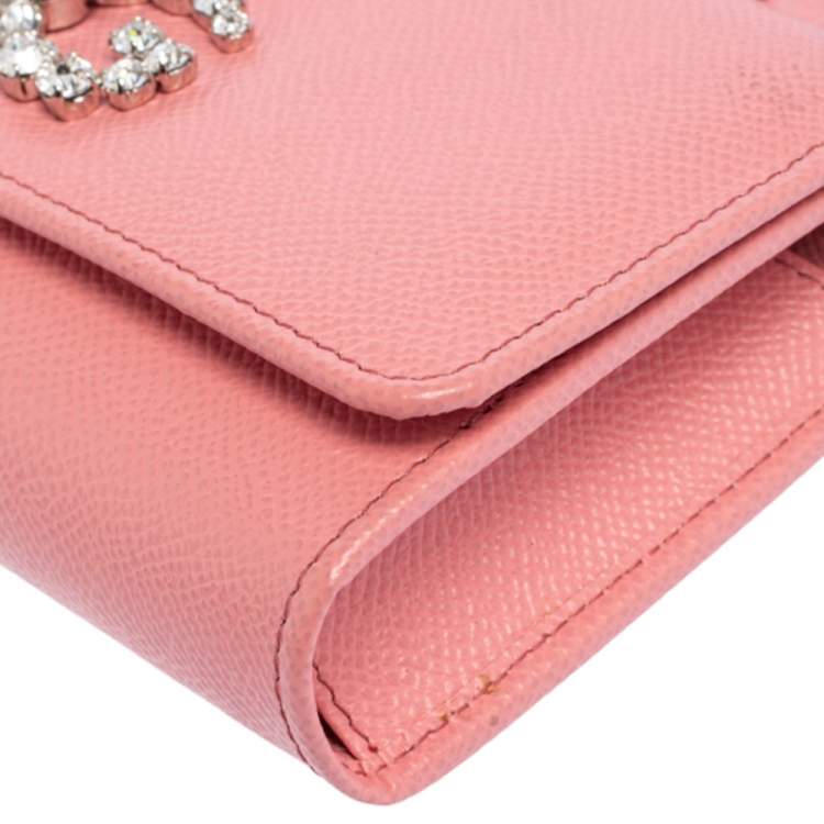 Pre Owned Dolce & Gabbana Pink Leather Miss Sicily Von Crystal Embellished Wallet On Chain