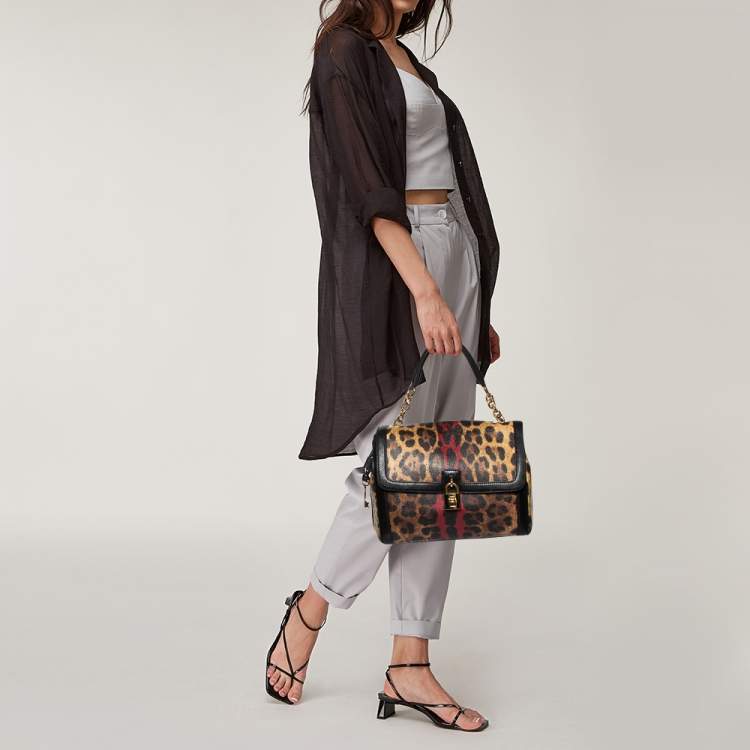Pre Owned Dolce & Gabbana Brown/Beige Leopard Print Coated Canvas and Leather Padlock Top Handle Bag