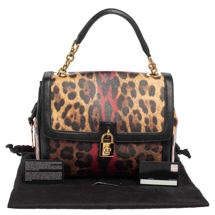 Pre Owned Dolce & Gabbana Brown/Beige Leopard Print Coated Canvas and Leather Padlock Top Handle Bag