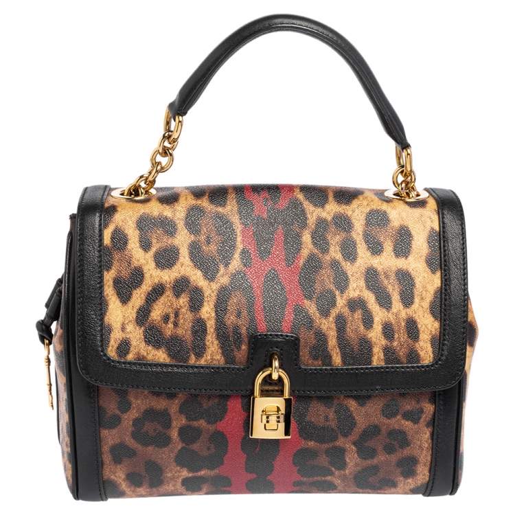 Pre Owned Dolce & Gabbana Brown/Beige Leopard Print Coated Canvas and Leather Padlock Top Handle Bag