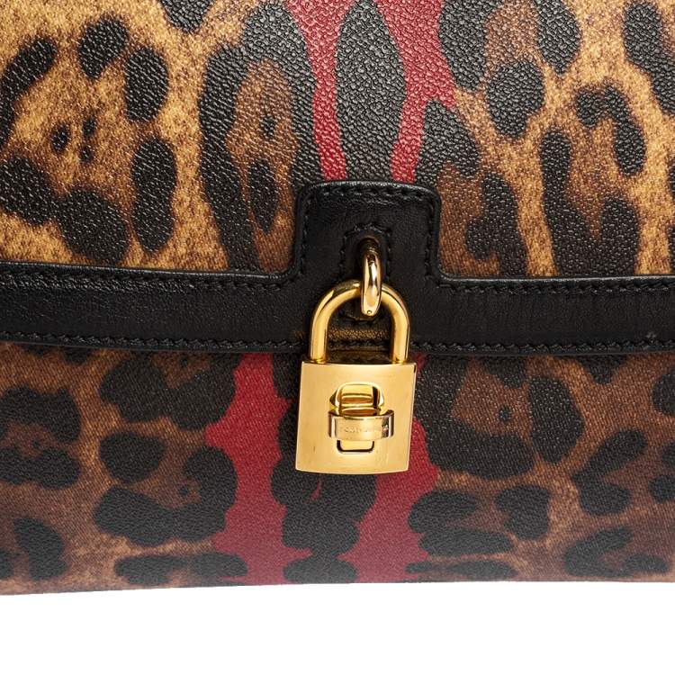 Pre Owned Dolce & Gabbana Brown/Beige Leopard Print Coated Canvas and Leather Padlock Top Handle Bag