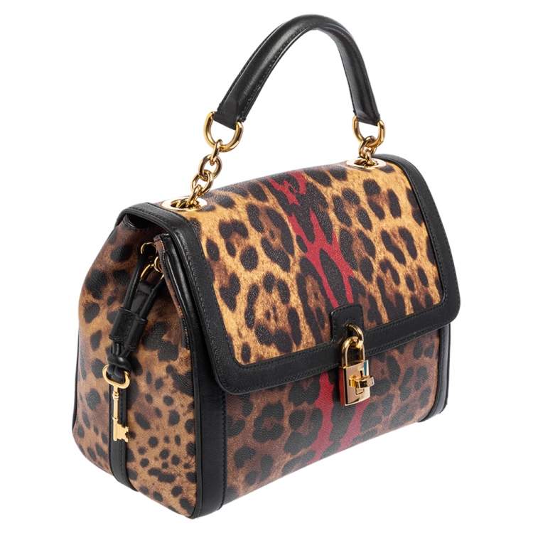 Pre Owned Dolce & Gabbana Brown/Beige Leopard Print Coated Canvas and Leather Padlock Top Handle Bag