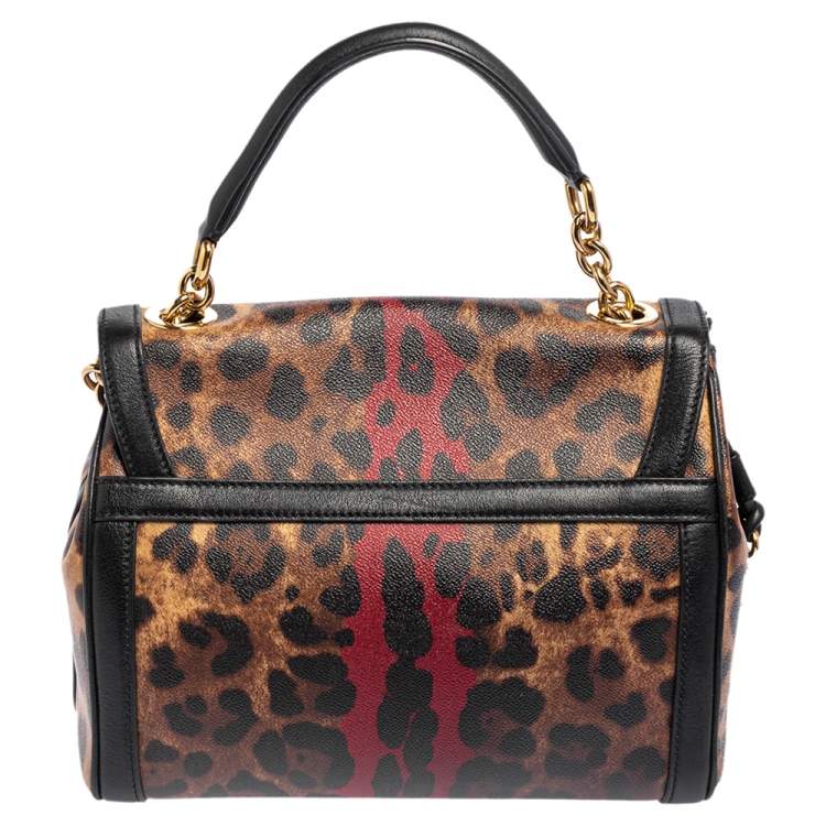 Pre Owned Dolce & Gabbana Brown/Beige Leopard Print Coated Canvas and Leather Padlock Top Handle Bag