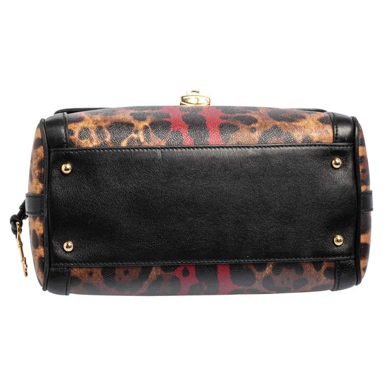 Pre Owned Dolce & Gabbana Brown/Beige Leopard Print Coated Canvas and Leather Padlock Top Handle Bag