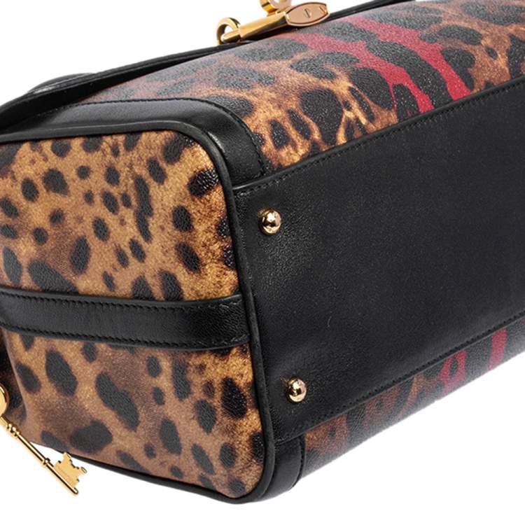 Pre Owned Dolce & Gabbana Brown/Beige Leopard Print Coated Canvas and Leather Padlock Top Handle Bag
