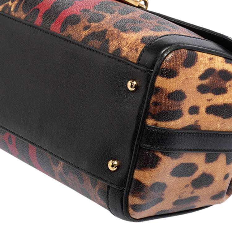 Pre Owned Dolce & Gabbana Brown/Beige Leopard Print Coated Canvas and Leather Padlock Top Handle Bag