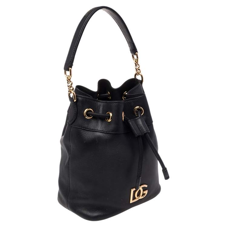 Pre Owned Dolce & Gabbana Black Leather Small DG Millennials Bucket Bag