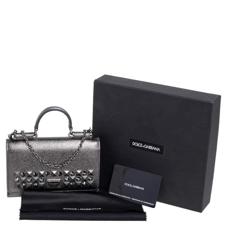 Pre Owned Dolce & Gabbana Metallic Leather Miss Sicily Von Studded Wallet on Chain