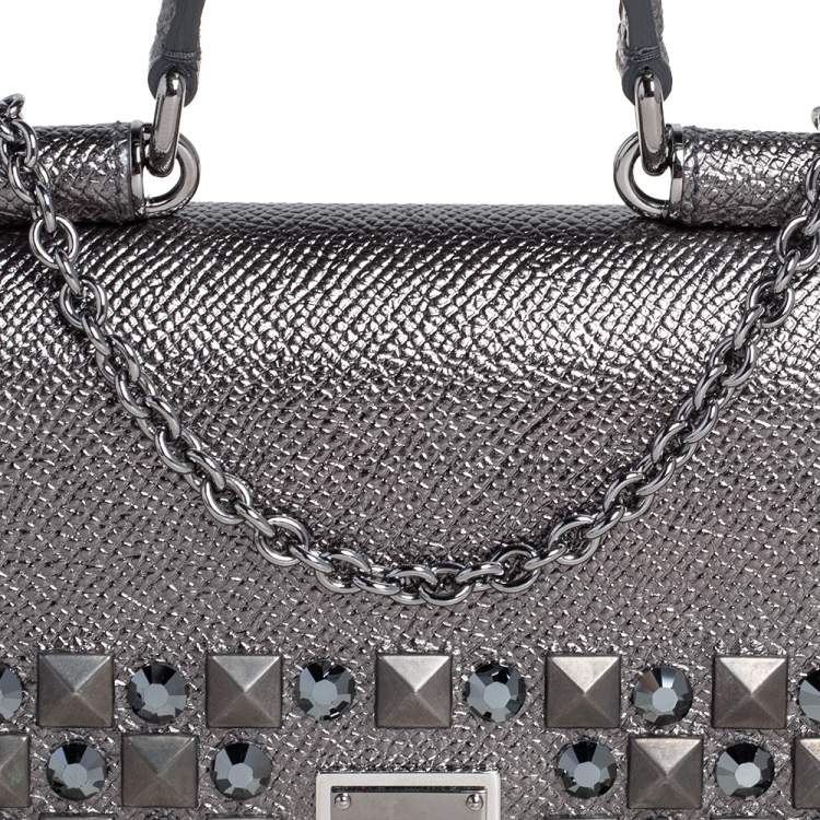 Pre Owned Dolce & Gabbana Metallic Leather Miss Sicily Von Studded Wallet on Chain