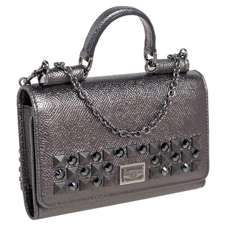 Pre Owned Dolce & Gabbana Metallic Leather Miss Sicily Von Studded Wallet on Chain