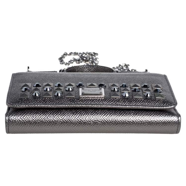 Pre Owned Dolce & Gabbana Metallic Leather Miss Sicily Von Studded Wallet on Chain