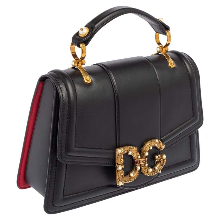 Pre Owned Dolce & Gabbana Black Leather DG Amore Top Handle Bag
