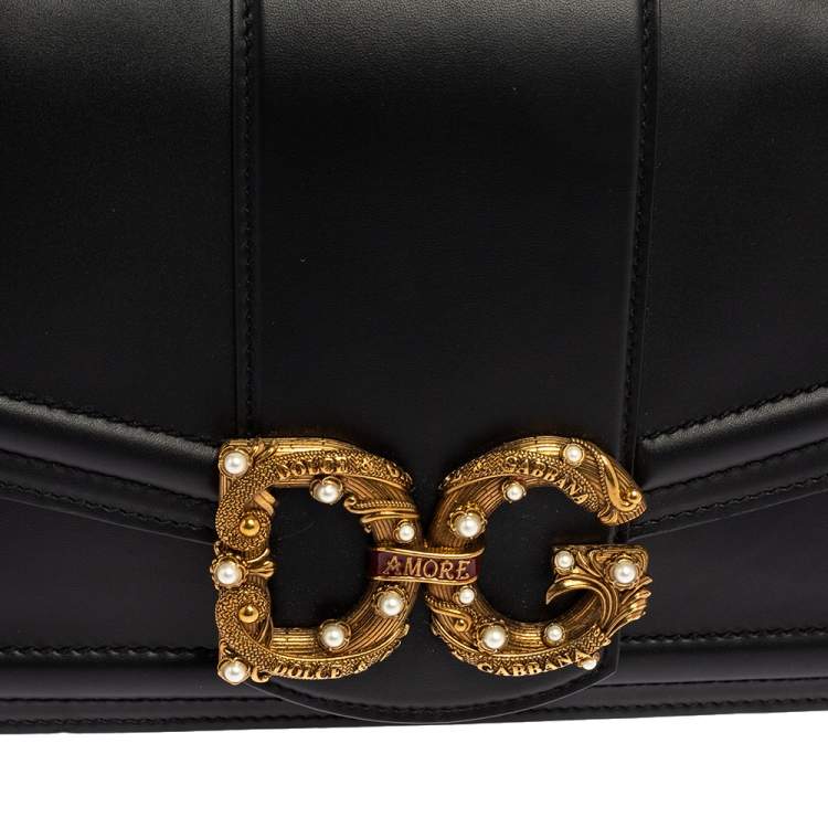 Pre Owned Dolce & Gabbana Black Leather DG Amore Top Handle Bag