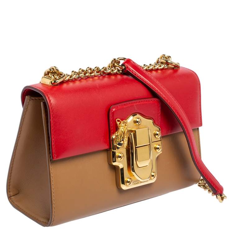 Pre Owned Dolce & Gabbana Beige/Red Leather Lucia Chain Shoulder Bag