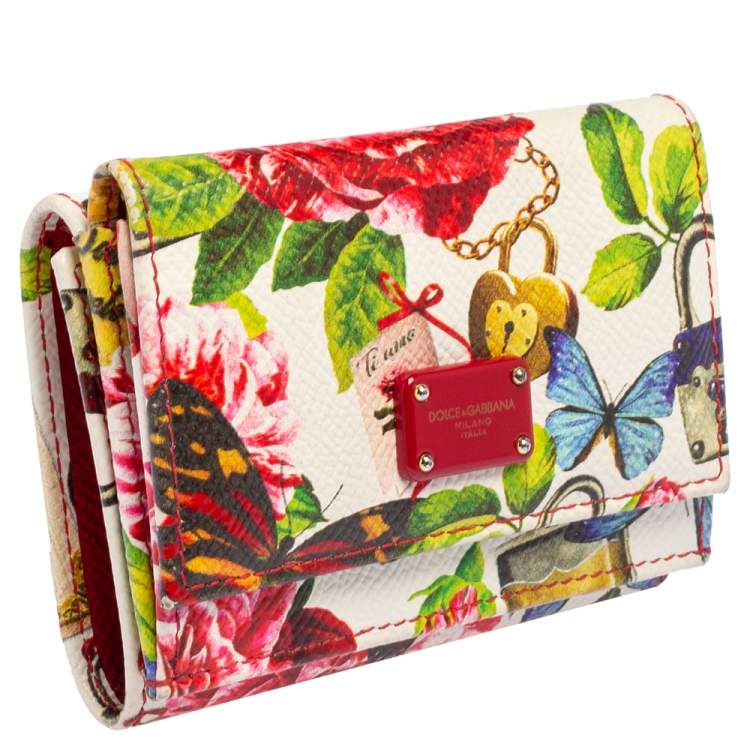 Pre Owned Dolce & Gabbana Multicolor Butterfly Print Leather Trifold Wallet
