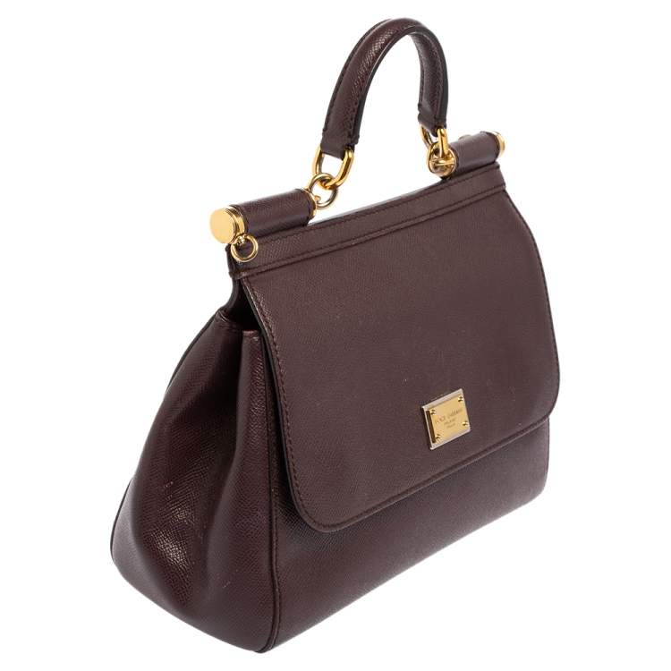 Pre Owned Dolce & Gabbana Plum Leather Medium Miss Sicily Top Handle Bag
