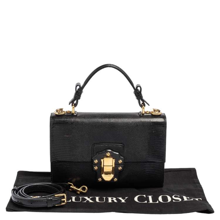 Pre Owned Dolce & Gabbana Black Lizard Embossed Leather Lucia Top Handle Bag