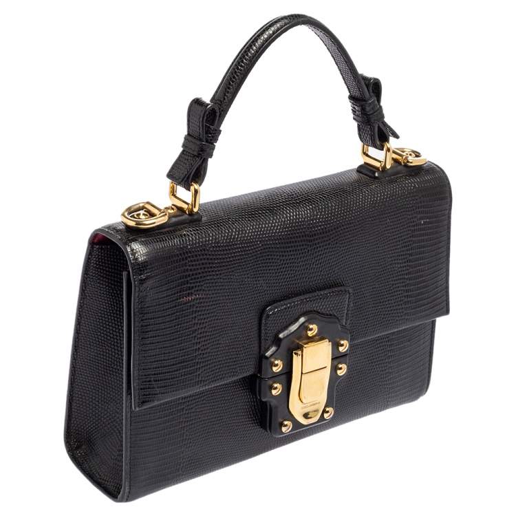 Pre Owned Dolce & Gabbana Black Lizard Embossed Leather Lucia Top Handle Bag
