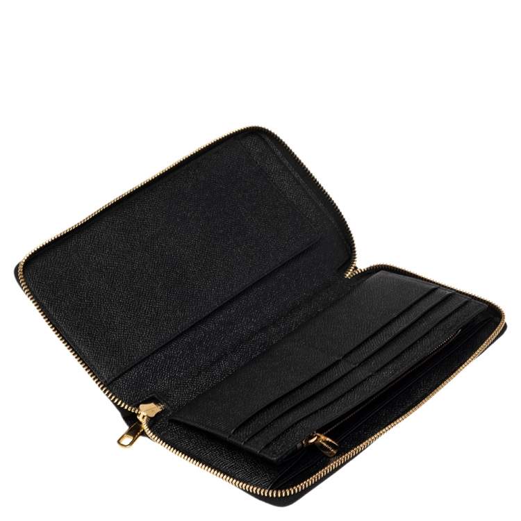 Pre Owned Dolce & Gabbana Black/Brown Leopard Print Coated Canvas Zip Around Wallet Organizer