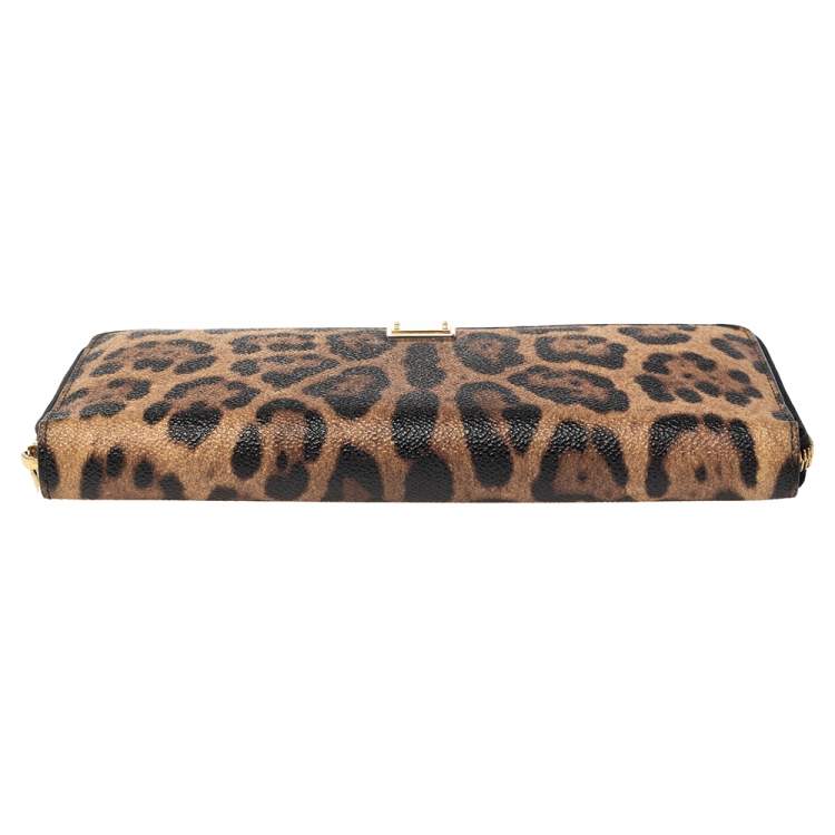 Pre Owned Dolce & Gabbana Black/Brown Leopard Print Coated Canvas Zip Around Wallet Organizer