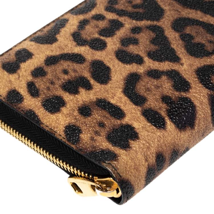 Pre Owned Dolce & Gabbana Black/Brown Leopard Print Coated Canvas Zip Around Wallet Organizer