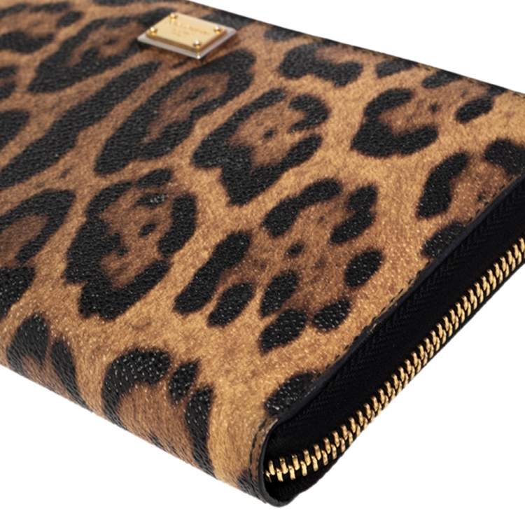 Pre Owned Dolce & Gabbana Black/Brown Leopard Print Coated Canvas Zip Around Wallet Organizer