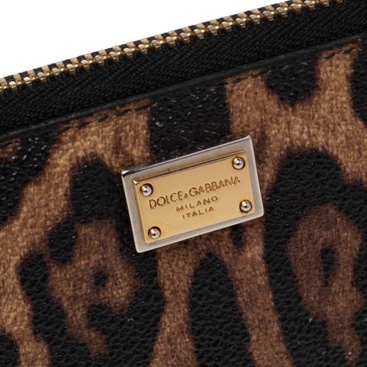 Pre Owned Dolce & Gabbana Black/Brown Leopard Print Coated Canvas Zip Around Wallet Organizer