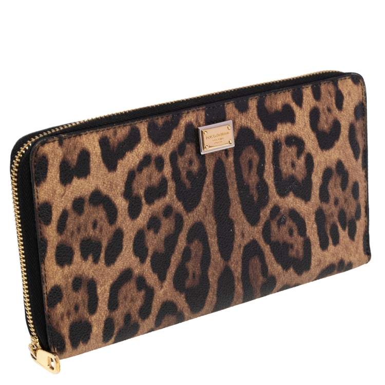 Pre Owned Dolce & Gabbana Black/Brown Leopard Print Coated Canvas Zip Around Wallet Organizer
