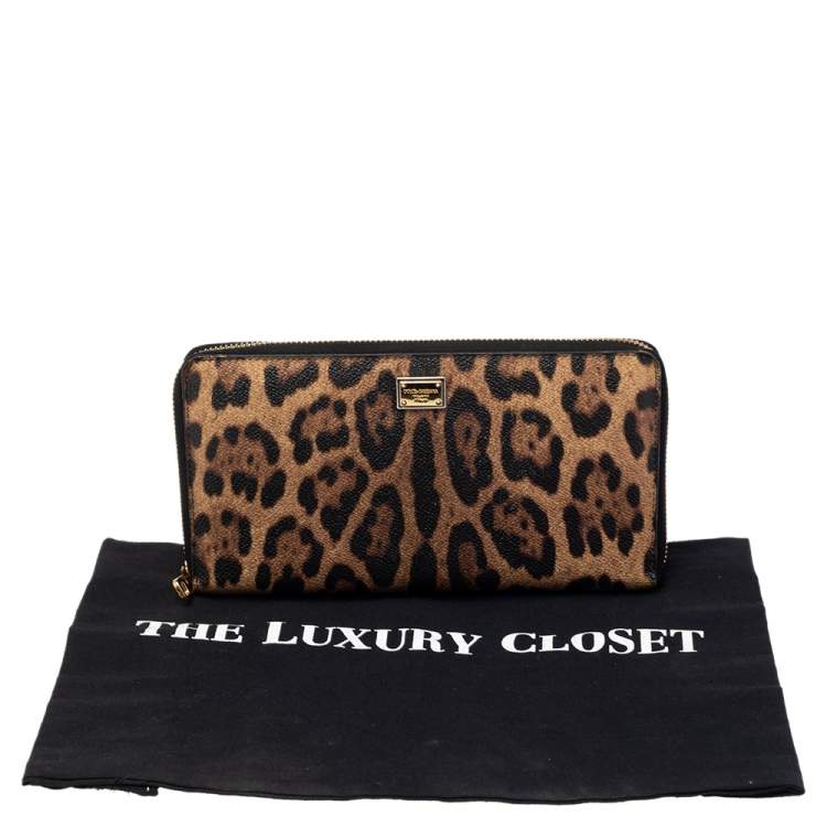 Pre Owned Dolce & Gabbana Black/Brown Leopard Print Coated Canvas Zip Around Wallet Organizer