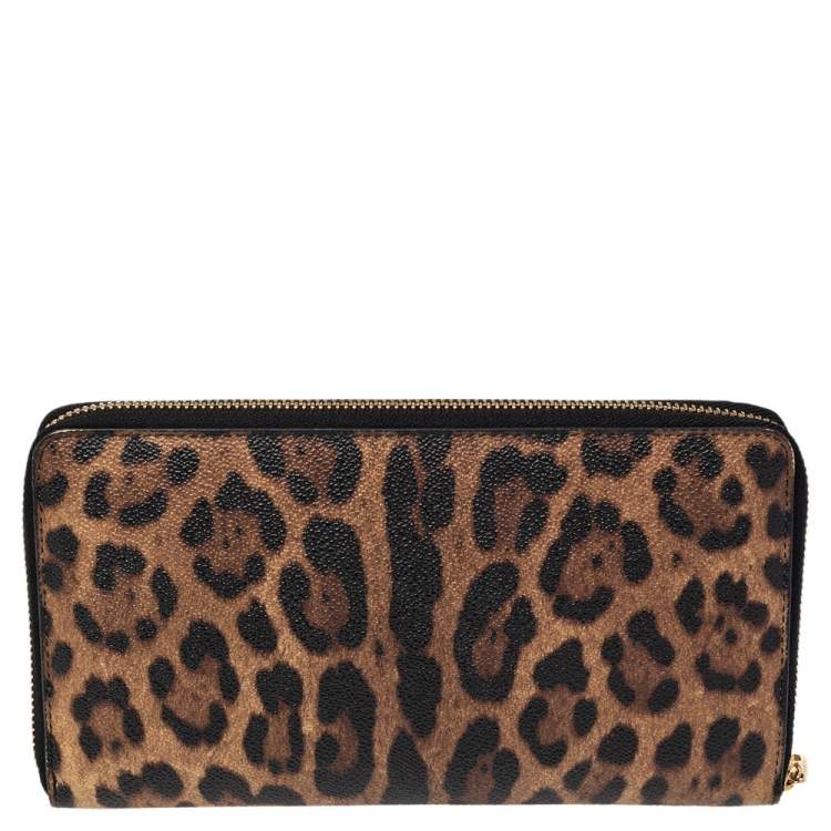 Pre Owned Dolce & Gabbana Black/Brown Leopard Print Coated Canvas Zip Around Wallet Organizer