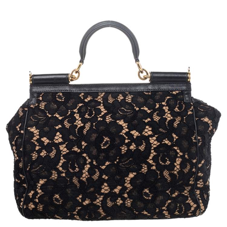 Pre Owned Dolce & Gabbana Black Lace And Leather Medium Miss Sicily Top Handle Bag