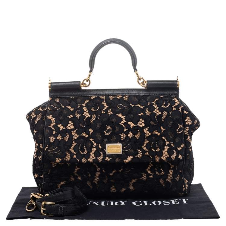Pre Owned Dolce & Gabbana Black Lace And Leather Medium Miss Sicily Top Handle Bag