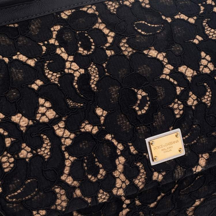 Pre Owned Dolce & Gabbana Black Lace And Leather Medium Miss Sicily Top Handle Bag
