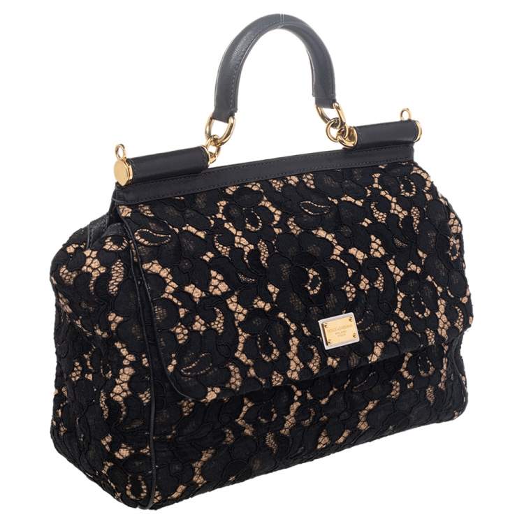 Pre Owned Dolce & Gabbana Black Lace And Leather Medium Miss Sicily Top Handle Bag