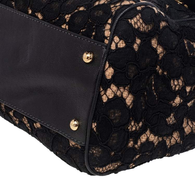 Pre Owned Dolce & Gabbana Black Lace And Leather Medium Miss Sicily Top Handle Bag